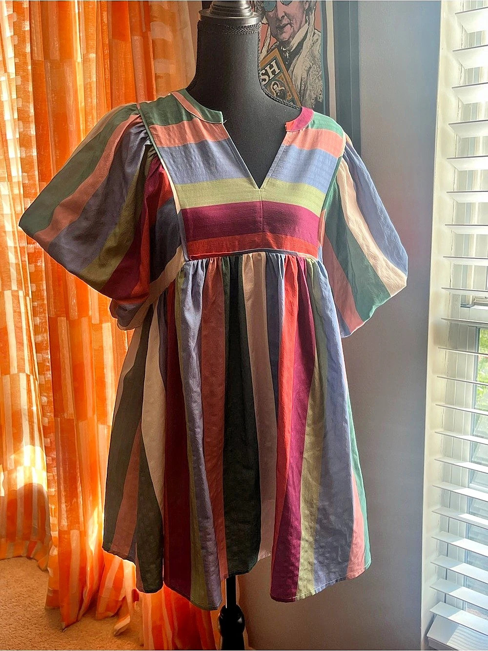 Entro Colorful Rainbow Striped Puff Sleeve Mini Dress Small Like New
